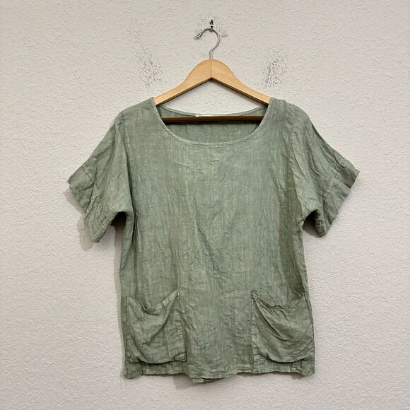 FRANCESCA BETTINI Linen Top w Patch Pockets Sage Green SS Lagenlook Peasant - Picture 1 of 8